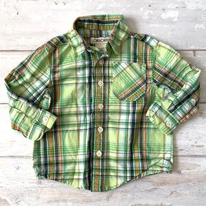 Boys 12m Green Plaid Striped Button Up Shirt Long Sleeves Baby Toddler